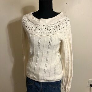 LOFT Women’s Cream Knit Openwork Yoke Sweater - Wool and Cashmere Blend
